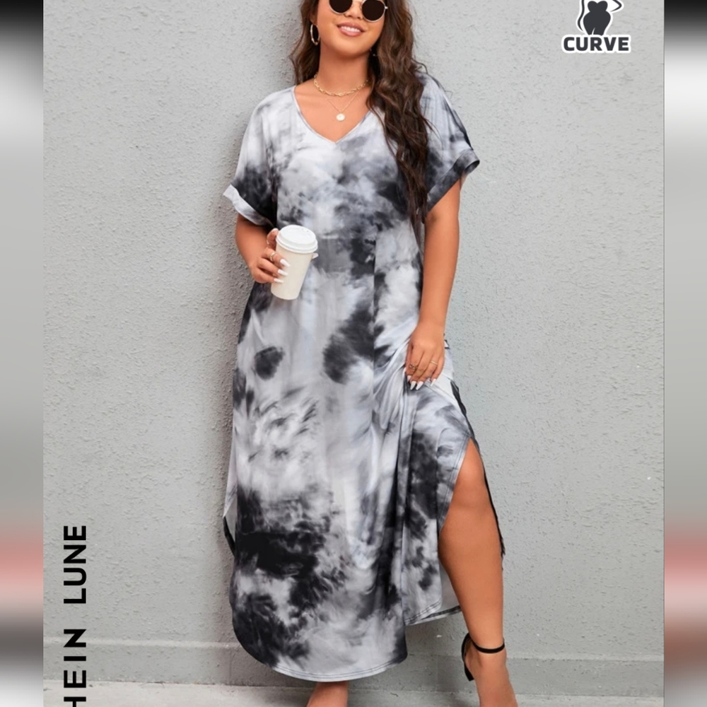 SHEIN LUNE Plus Tie Dye Hidden Pocket Curved Hem Tee Dress Maxi Women Outfit